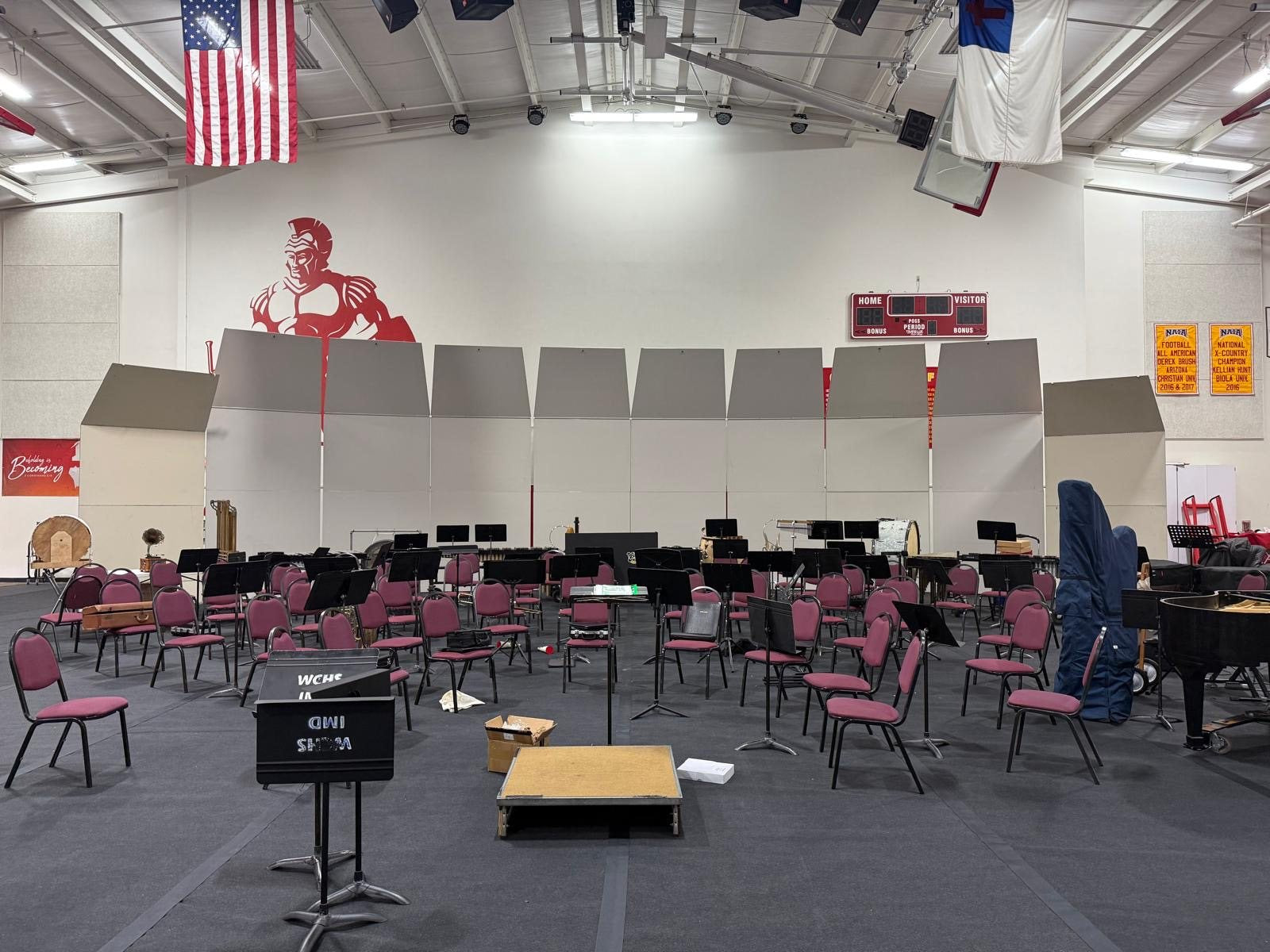 California Percussion gear set behind an orchestra